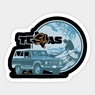 Texas-Style Surfer with Ford Bronco in medium and light blues Sticker